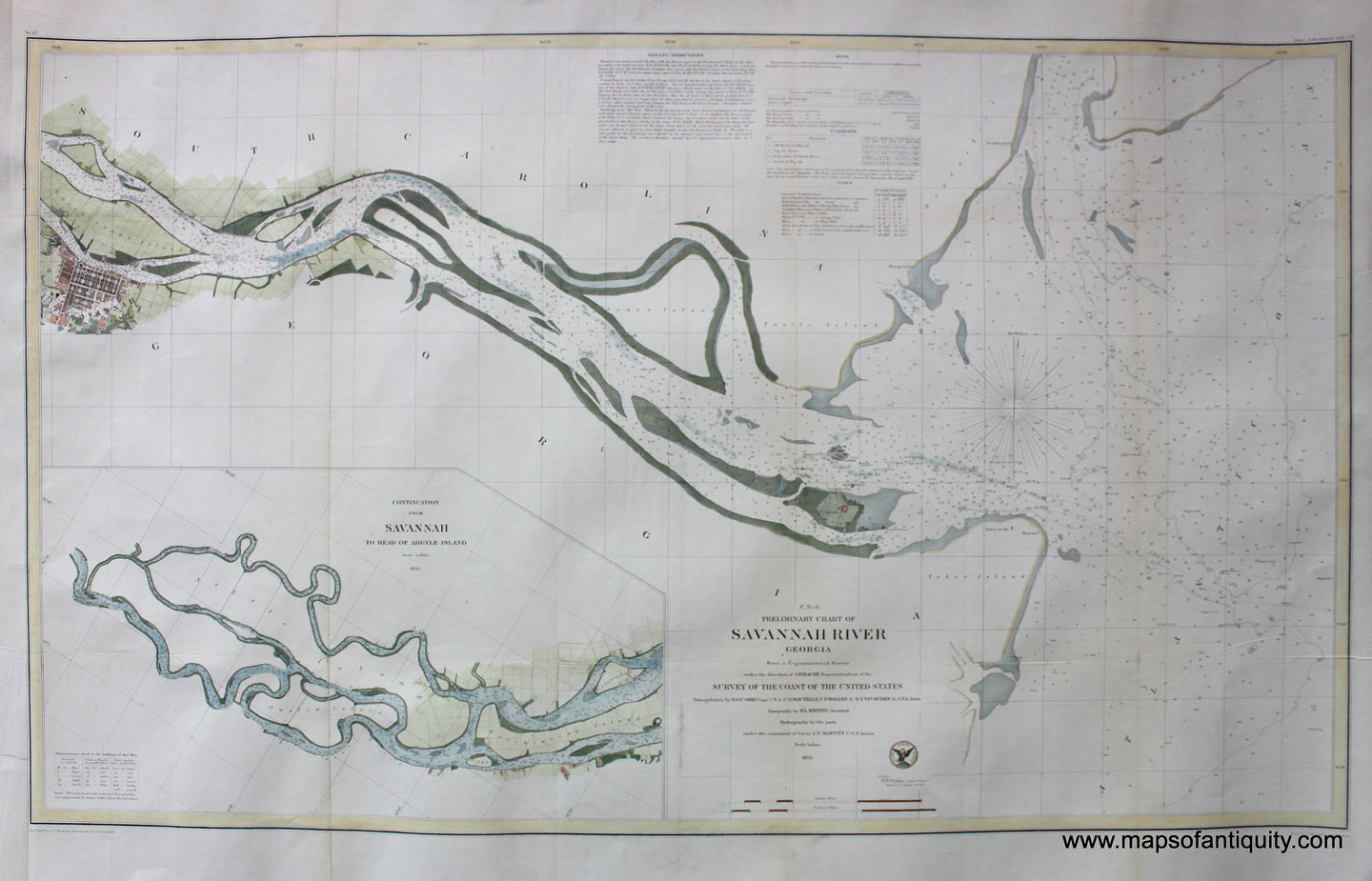 Hand-Colored-Antique-Coast-Chart-E.-No.-6-Preliminary-Chart-of-Savannah-River-Georgia-**********-Georgia-Nautical-1855-U.S.-Coast-Survey-Maps-Of-Antiquity