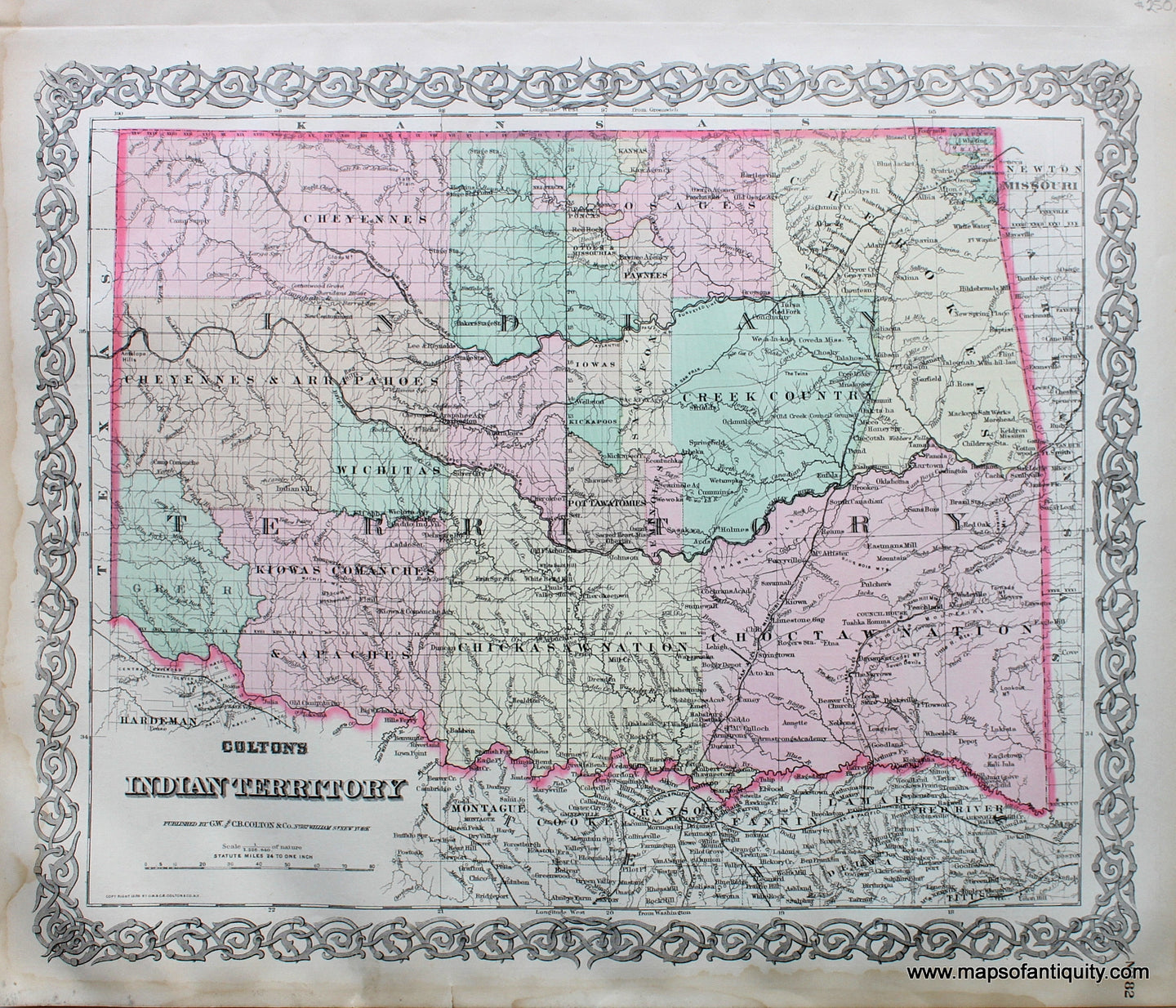 Antique-Hand-Colored-Map-Colton's-Indian-Territory**********-Oklahoma--1886-Colton-Maps-Of-Antiquity