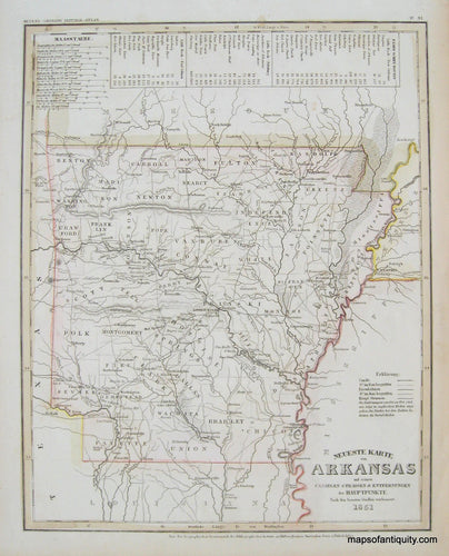 Antique-Black-and-White-Map--Neueste-Karte-von-Arkansas-mit-seinen-Canaelen-Strassen-&-Entfernungen-der-Hauptpunkte.---1851-Meyer-Maps-Of-Antiquity