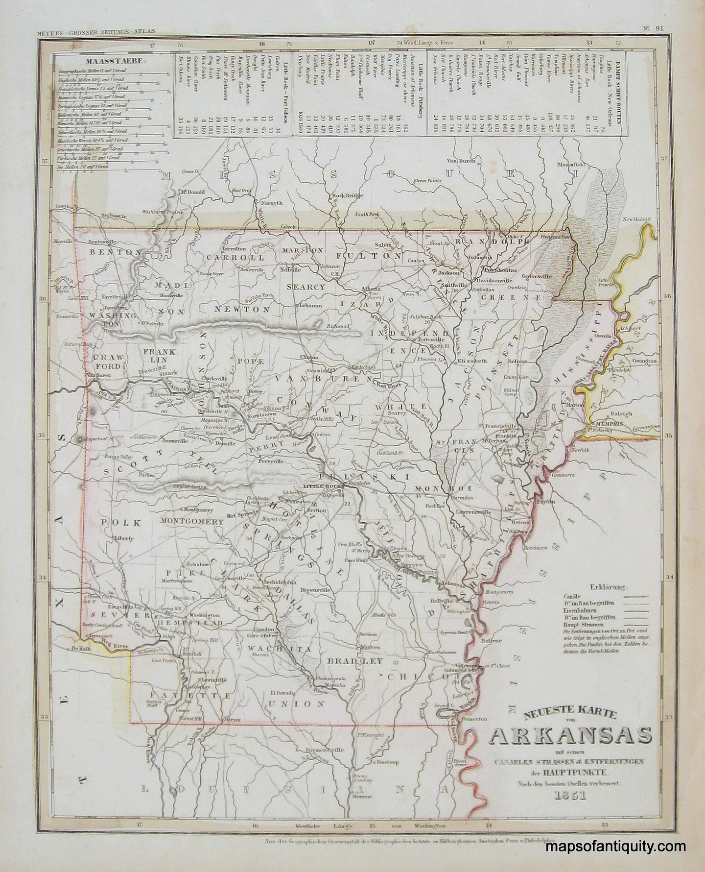 Antique-Black-and-White-Map--Neueste-Karte-von-Arkansas-mit-seinen-Canaelen-Strassen-&-Entfernungen-der-Hauptpunkte.---1851-Meyer-Maps-Of-Antiquity