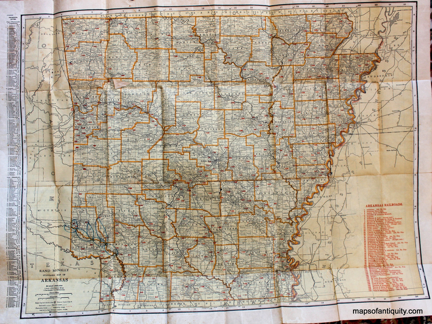 Antique-Folding-Map-Arkansas-Rand-McNally-Indexed-Pocket-Map-Tourists'-and-Shippers'-Guide.----1927-Rand-McNally-Maps-Of-Antiquity
