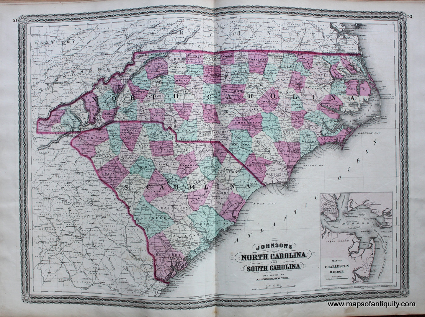Antique-Map-North-Carolina-and-South-Carolina---1870-Johnson-Maps-Of-Antiquity