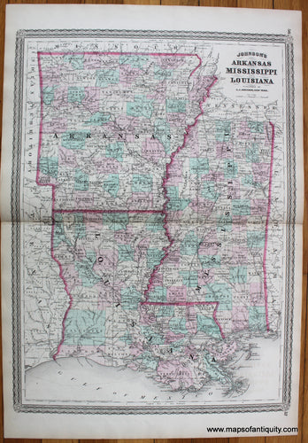 Antique-Hand-Colored-Map-Johnson's-Arkansas-Mississippi-and-Louisiana---1866-Johnson-Maps-Of-Antiquity