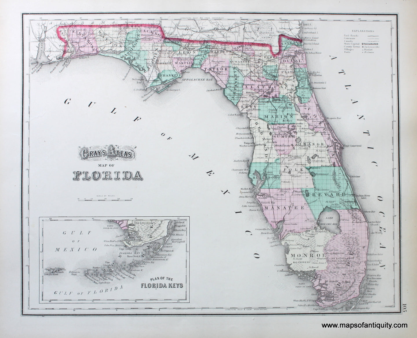 Antique-Hand-Colored-Map-Gray's-Atlas-Map-of-Florida-**********-Florida--1874-Gray-Maps-Of-Antiquity