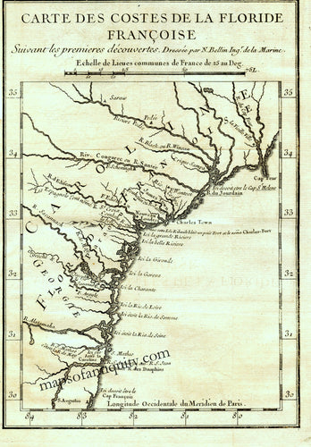 Antique-Black-and-White-Coastal-Chart-Carte-des-Costes-de-la-Floride-Francoise-**********-United-States-South-1744-Bellin-Maps-Of-Antiquity