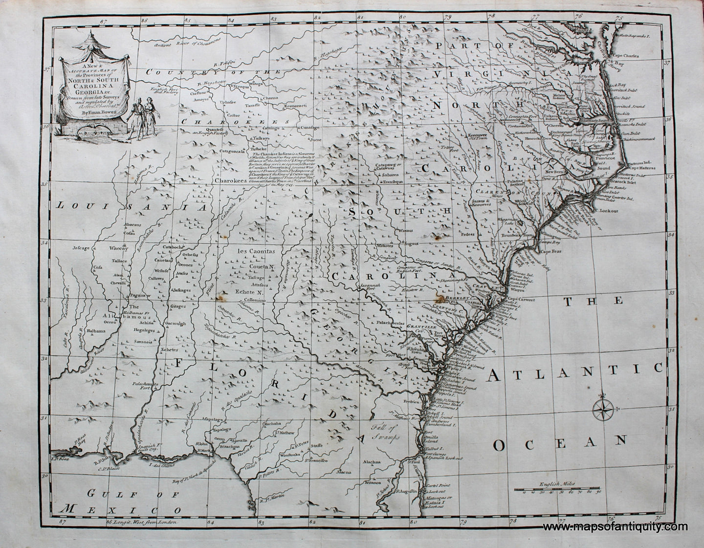 Black-and-White-Engraved-Antique-Map-A-New-and-Accurate-Map-of-the-Provinces-of-North-and-South-Carolina-Georgia-etc.-by-Emmanuel-Bowen-**********-United-States-South-1747-Bowen-Maps-Of-Antiquity