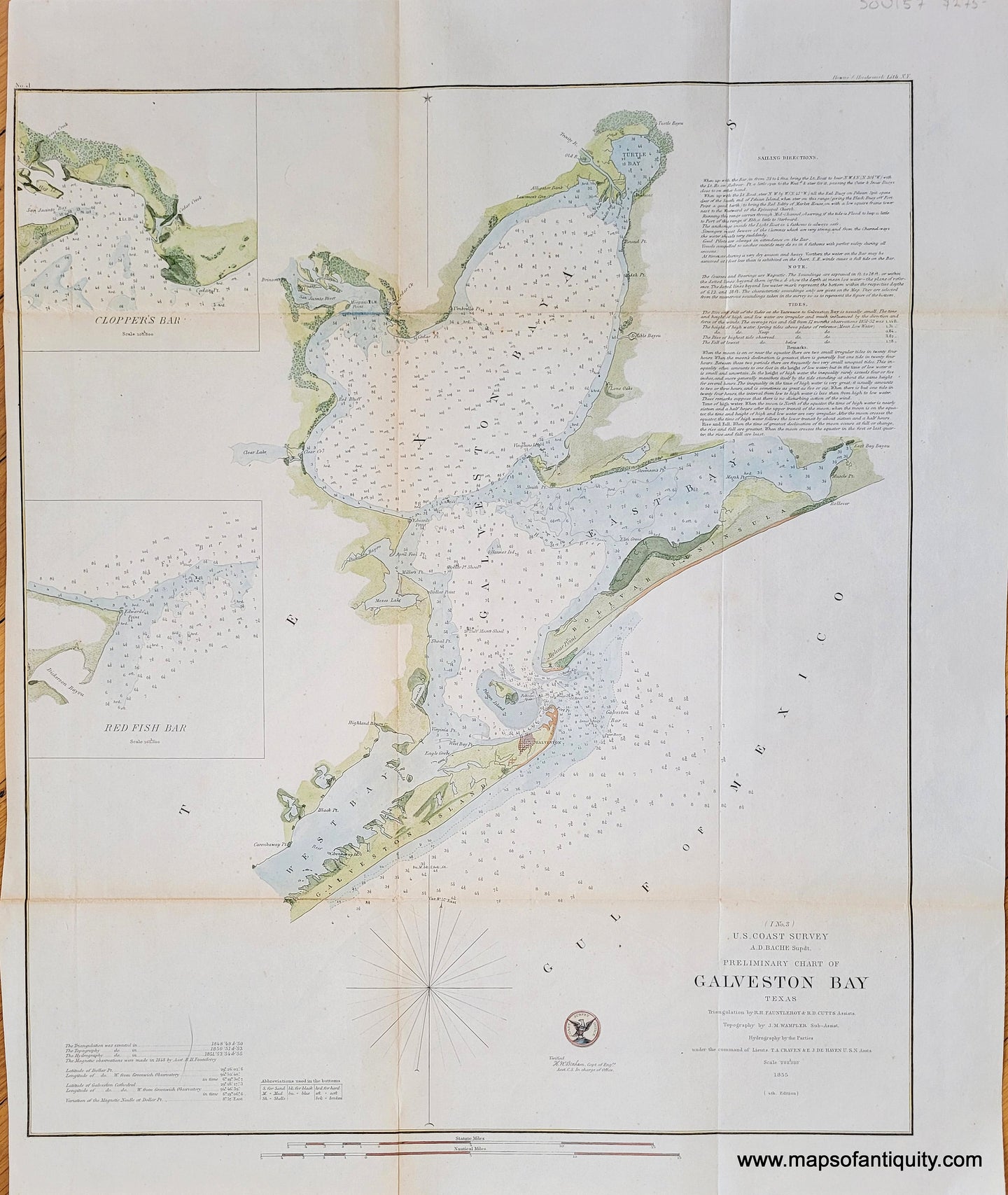 Hand-Colored-Antique-Coastal-Chart-Preliminary-Sketch-of-Galveston-Bay-nautical-sailing-South-Texas-1855-U.S.-Coast-Survey-Maps-Of-Antiquity