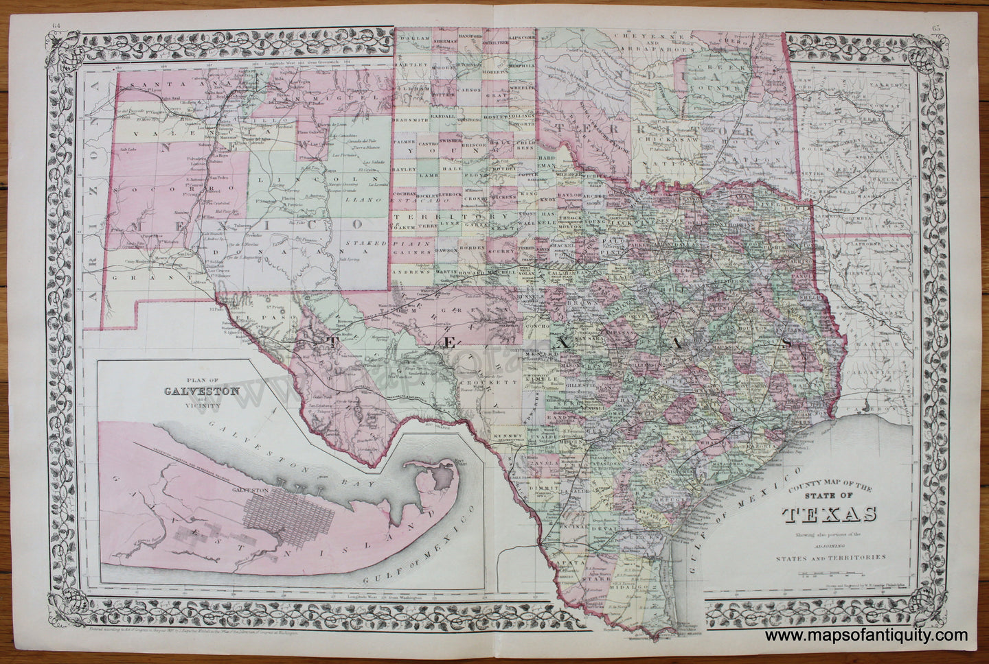 Antique-Hand-Colored-Map-County-Map-of-the-State-of-Texas-United-States-South-1884-Mitchell-Maps-Of-Antiquity