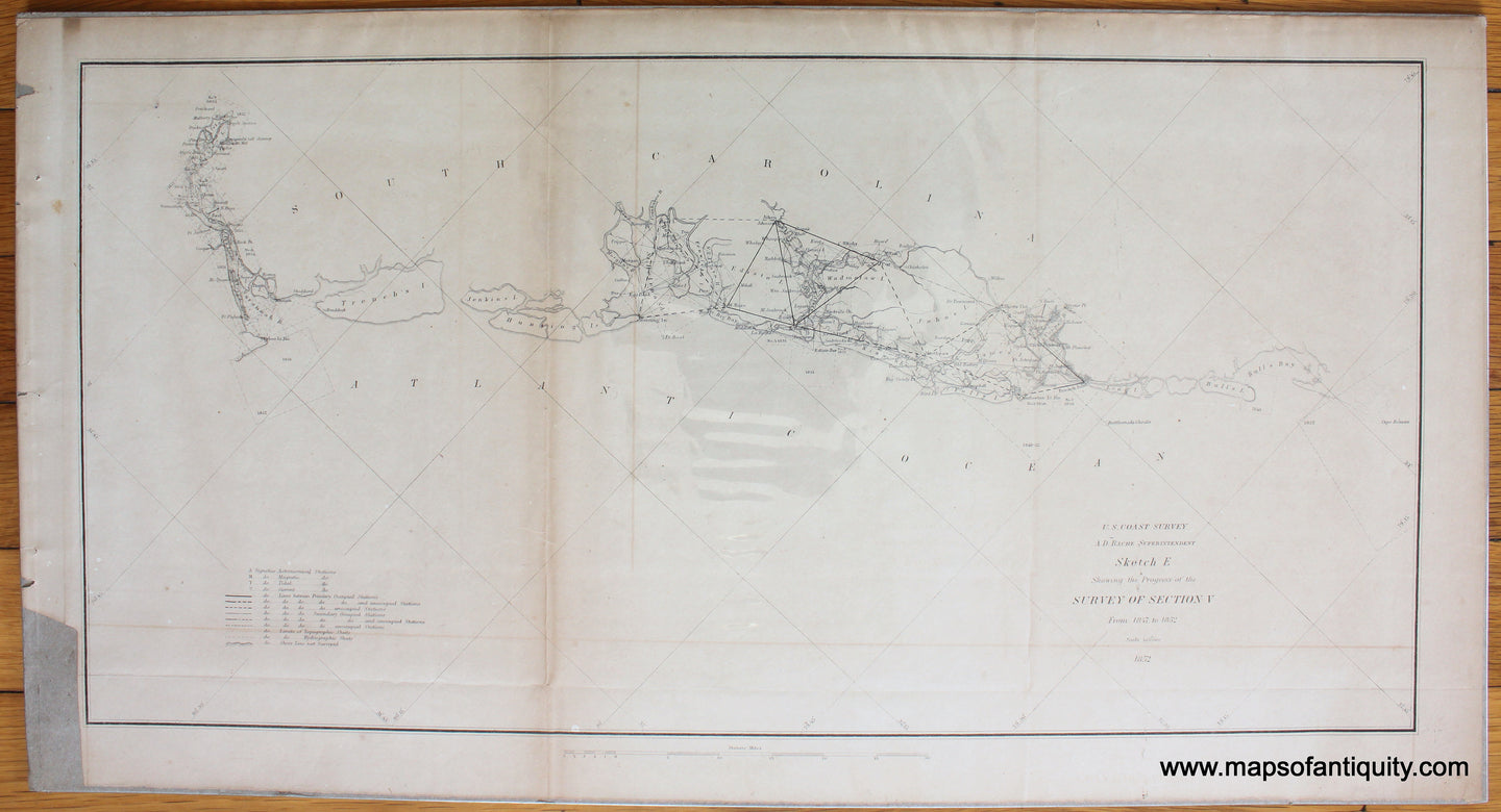 Antique-Black-and-White-Coastal-Report-Chart-Sketch-E-Showing-the-Progress-of-the-Survey-of-Section-V-from-1847-to-1852-1852-U.S.-Coast-Survey-South-South-Carolina-1800s-19th-century-Maps-of-Antiquity