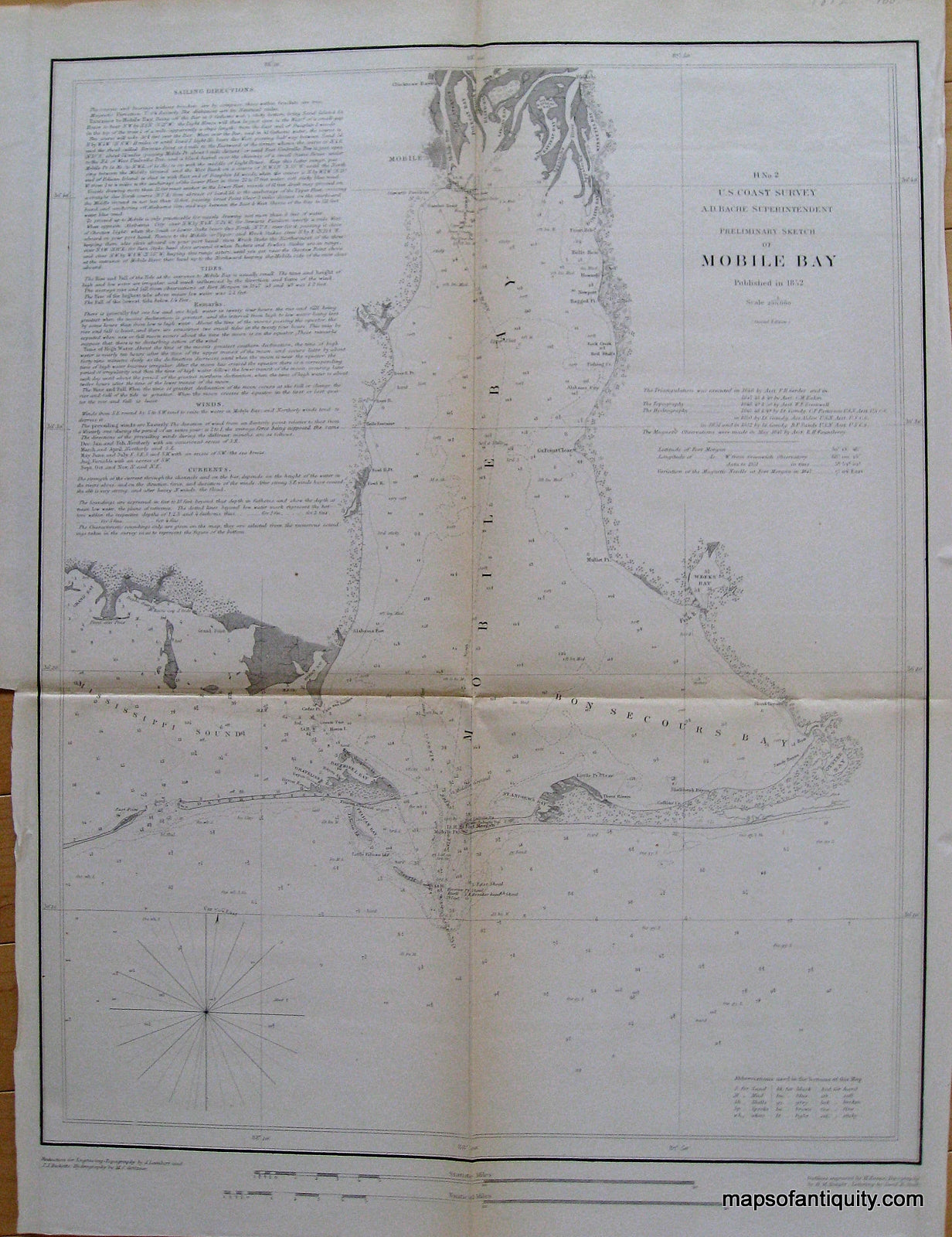 Antique-Coastal-Report-Chart-H-No.-2-Mobile-Bay-Alabama-**********-United-States-South-1852-U.S.-Coast-Survey-Maps-Of-Antiquity