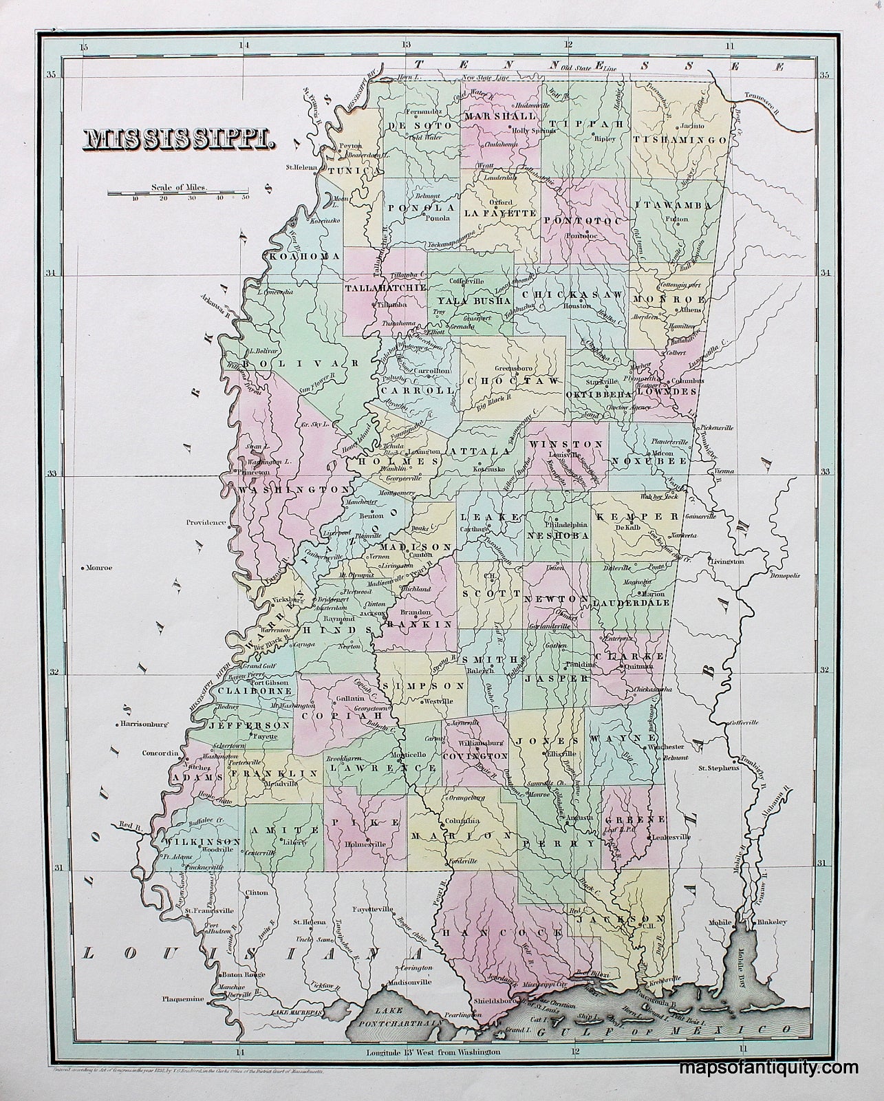 Antique-Hand-Colored-Map-Mississippi.-United-States-South-1838-Bradford-Maps-Of-Antiquity