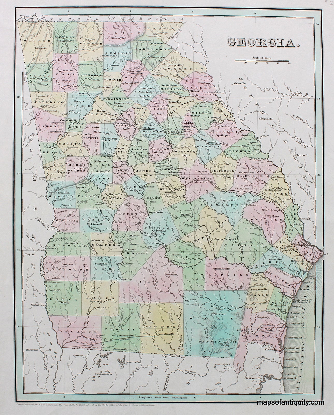 Antique-Hand-Colored-Map-Georgia.-United-States-South-1838-Bradford-Maps-Of-Antiquity