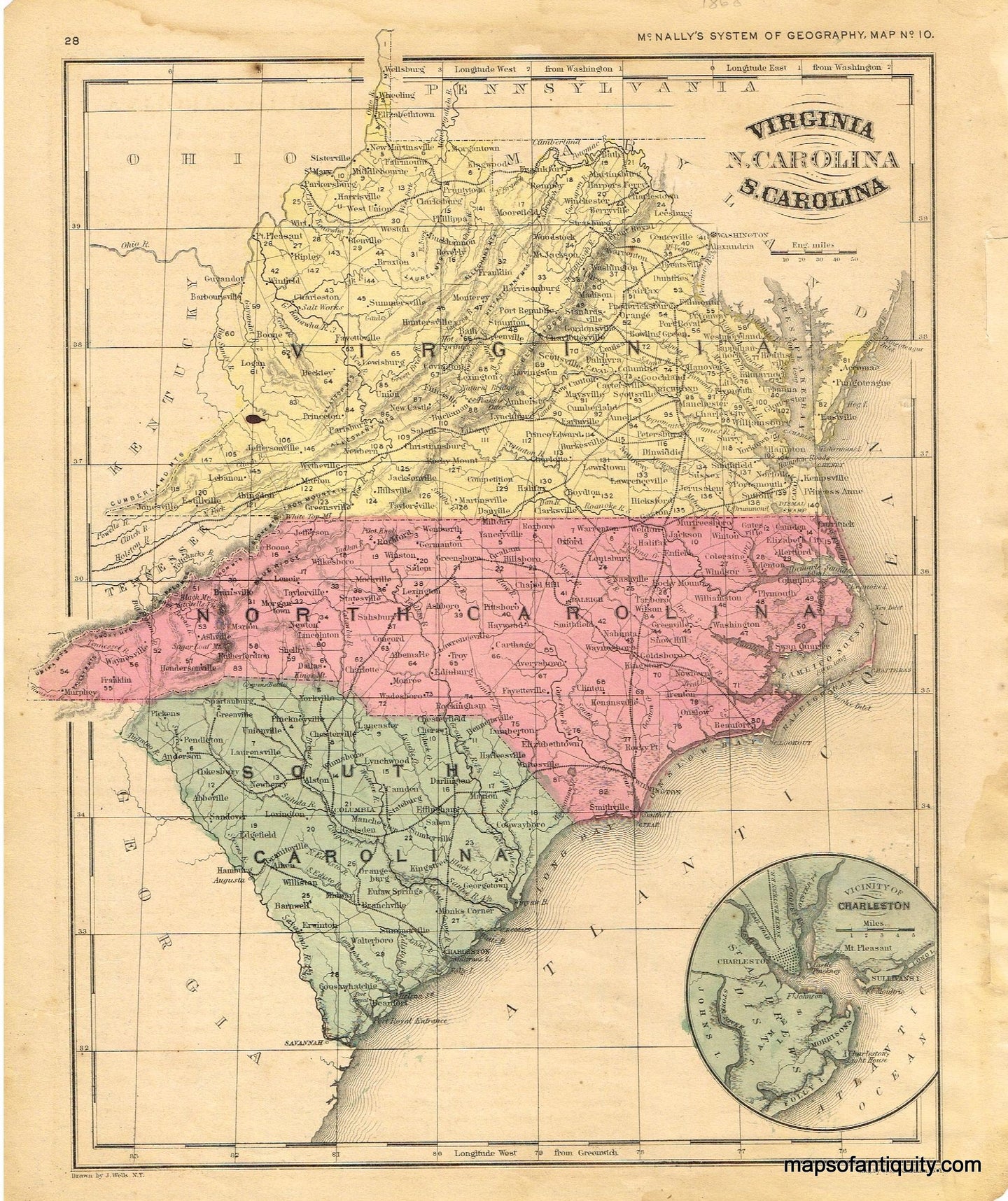 Antique-Hand-Colored-Map-Virginia-North-Carolina-South-Carolina***********-United-States-South-1860-McNally-Maps-Of-Antiquity