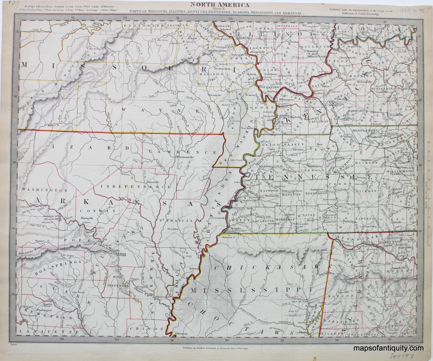 Antique-Map-with-Hand-Colored-Outline-Color-North-America-Sheet-X-Parts-of-Missouri-Illinois-Kentucky-Tennessee-Alabama-Mississippi-and-Arkansas.---United-States-South-General-1833-S.D.U.K./Society-for-the-Diffusion-of-Useful-Knowledge-Maps-Of-Antiquity