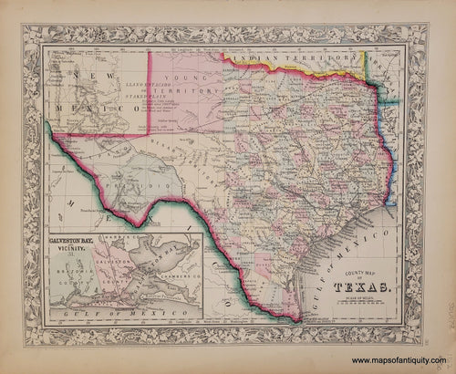 Antique-Hand-Colored-Map-County-Map-of-Texas-Galveston-Bay-United-States-1862-Mitchell-Maps-Of-Antiquity