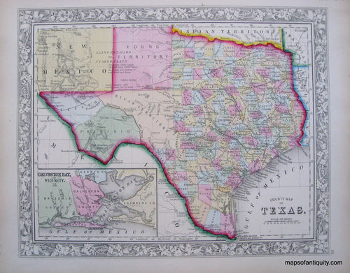 Antique-Hand-Colored-Map-County-Map-of-Texas-******-United-States-South-1860-Mitchell-Maps-Of-Antiquity