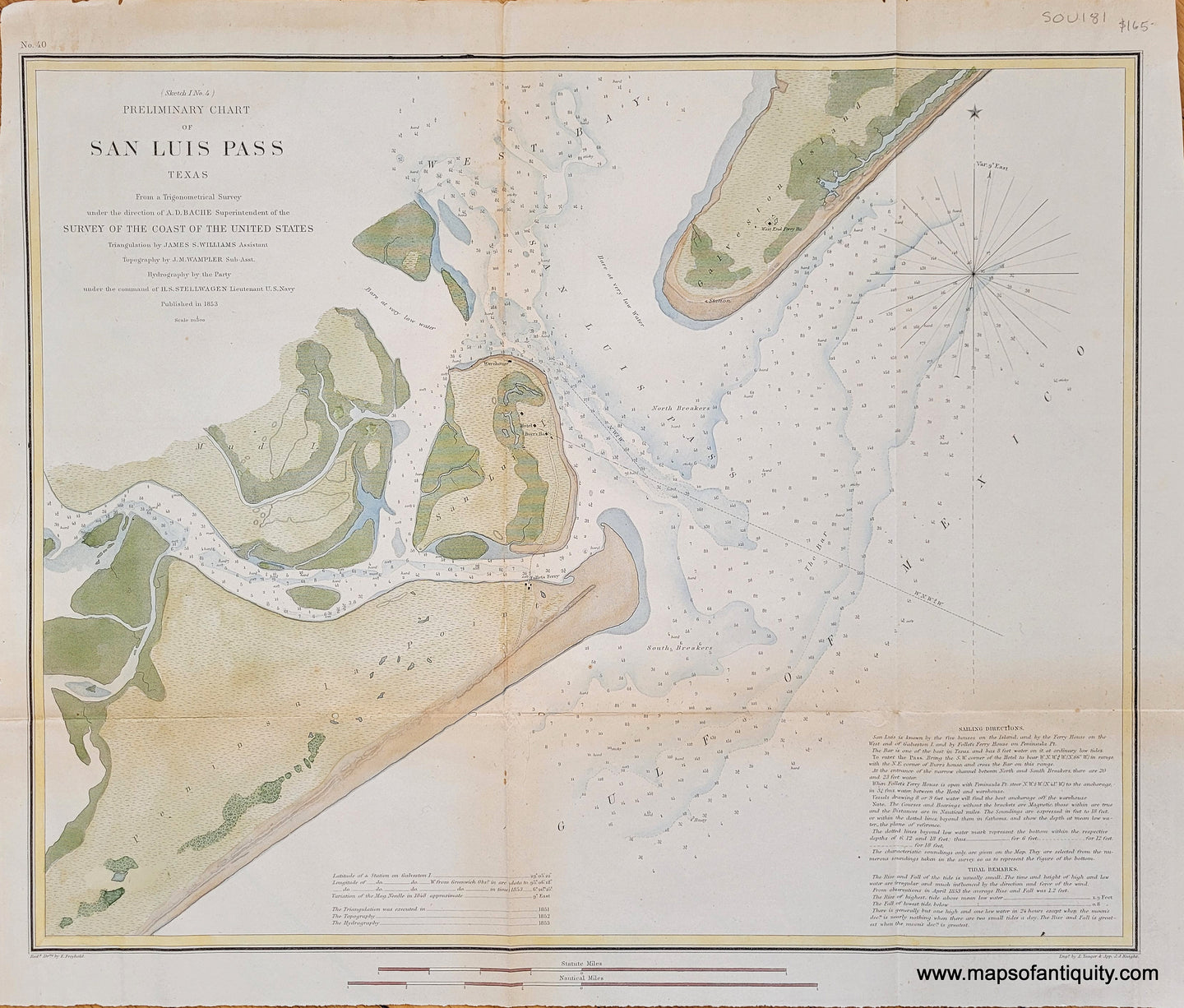 Antique-Hand-Colored-Coast-Chart-Sailing-nautical-map-Preliminary-Chart-of-San-Luis-Pass-Texas--**********-United-States-Texas-1853-U.S.-Coast-Survey-Maps-Of-Antiquity