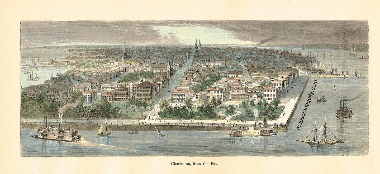 Antique-hand-colored-Illustration-Charleston-from-the-Bay-**********-United-States-Historical-Prints-1872-Picturesque-America-Maps-Of-Antiquity