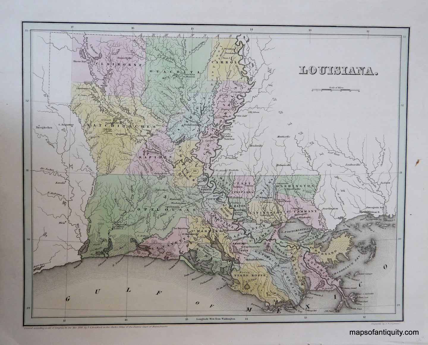 Antique-Hand-Colored-Map-Louisiana.-******-United-States-South-1838-Bradford-Maps-Of-Antiquity