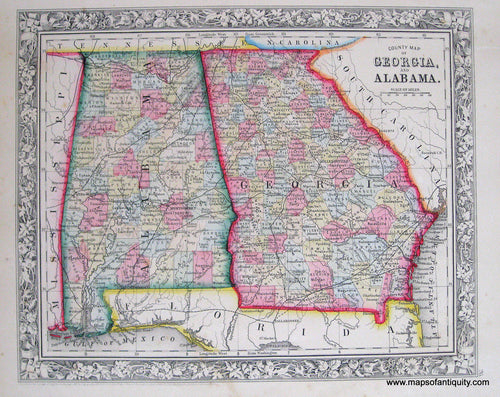 Antique-Hand-Colored-Map-County-Map-of-Georgia-and-Alabama-United-States-South-1860-Mitchell-Maps-Of-Antiquity