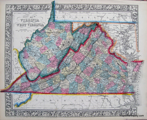 Antique-Hand-Colored-Map-County-Map-of-Virginia-and-West-Virginia-**********-United-States-South-1865-Mitchell-Maps-Of-Antiquity