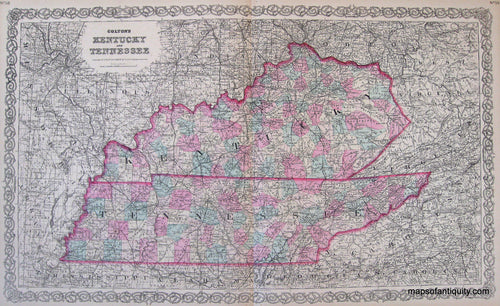 Antique-Hand-Colored-Map-Colton's-Kentucky-and-Tennessee-Kentucky-Tennessee-1871-Colton-Maps-Of-Antiquity