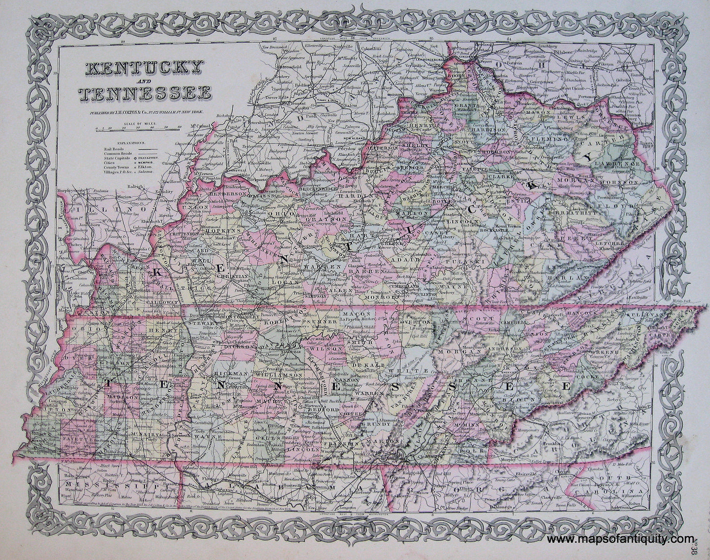 Antique-Hand-Colored-Map-Coltons-Kentucky-and-Tennessee-1859-Colton-Maps-Of-Antiquity