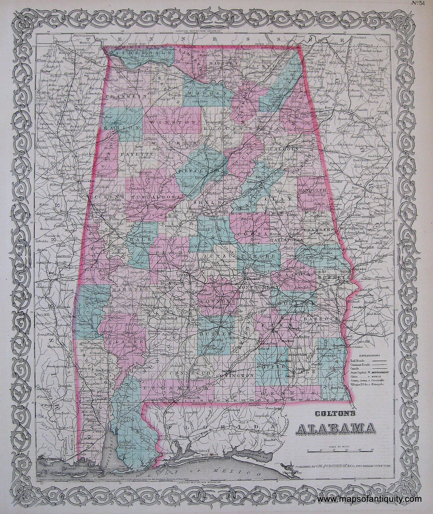 Antique-Hand-Colored-Map-Coltons-Alabama-1871-Colton-Maps-Of-Antiquity