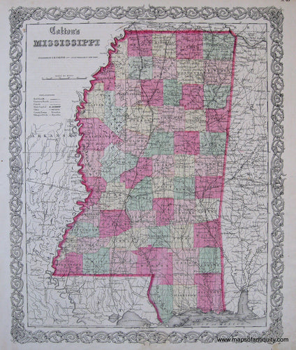 Antique-Hand-Colored-Map-Coltons-Mississippi-1865-Colton-Maps-Of-Antiquity