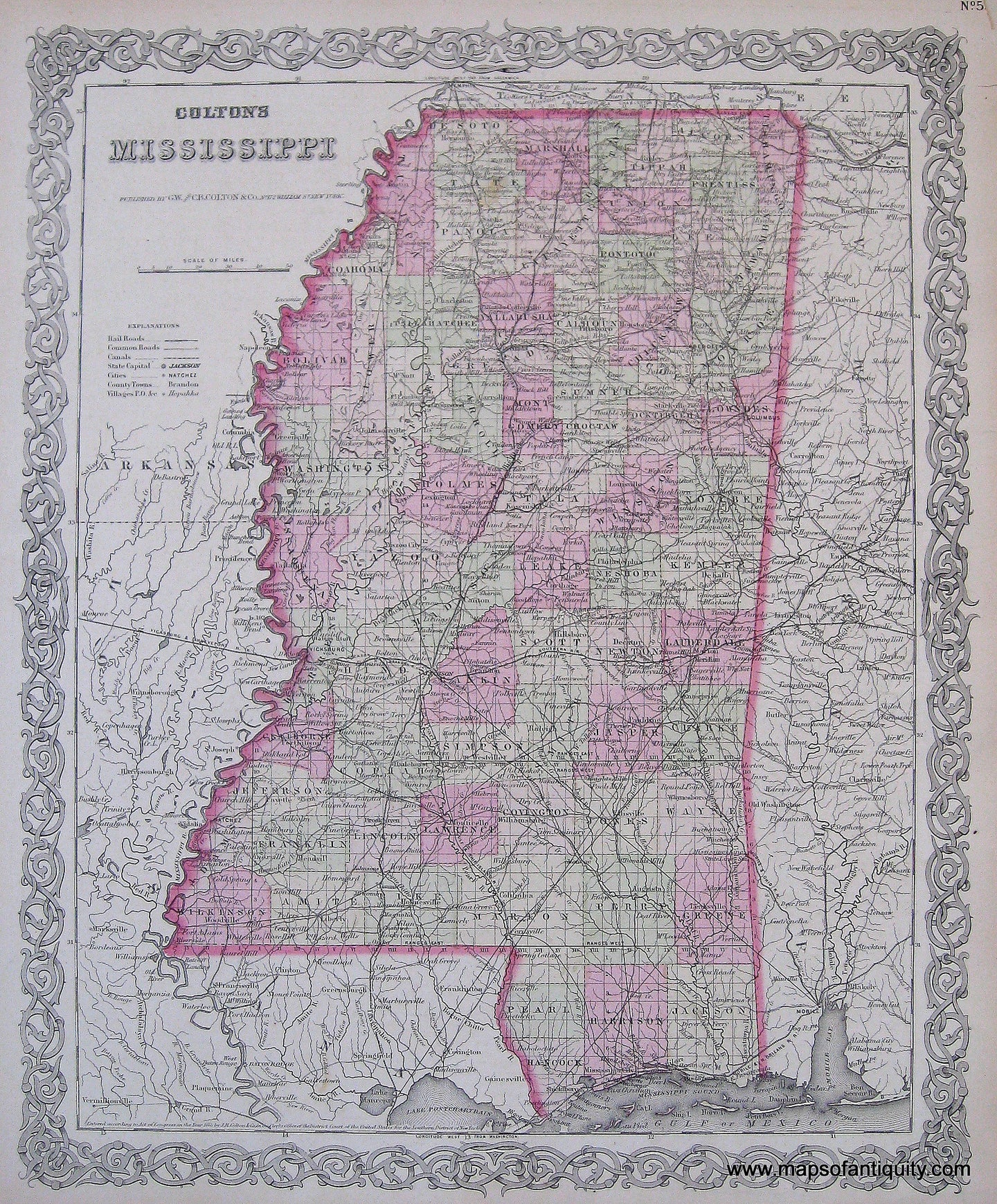 Antique-Hand-Colored-Map-Coltons-Mississippi-1874-Colton-Maps-Of-Antiquity