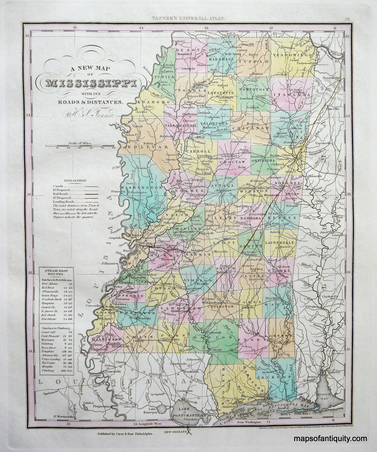 1840 - A New Map of Mississippi with its Roads and Distances. - Antiqu ...