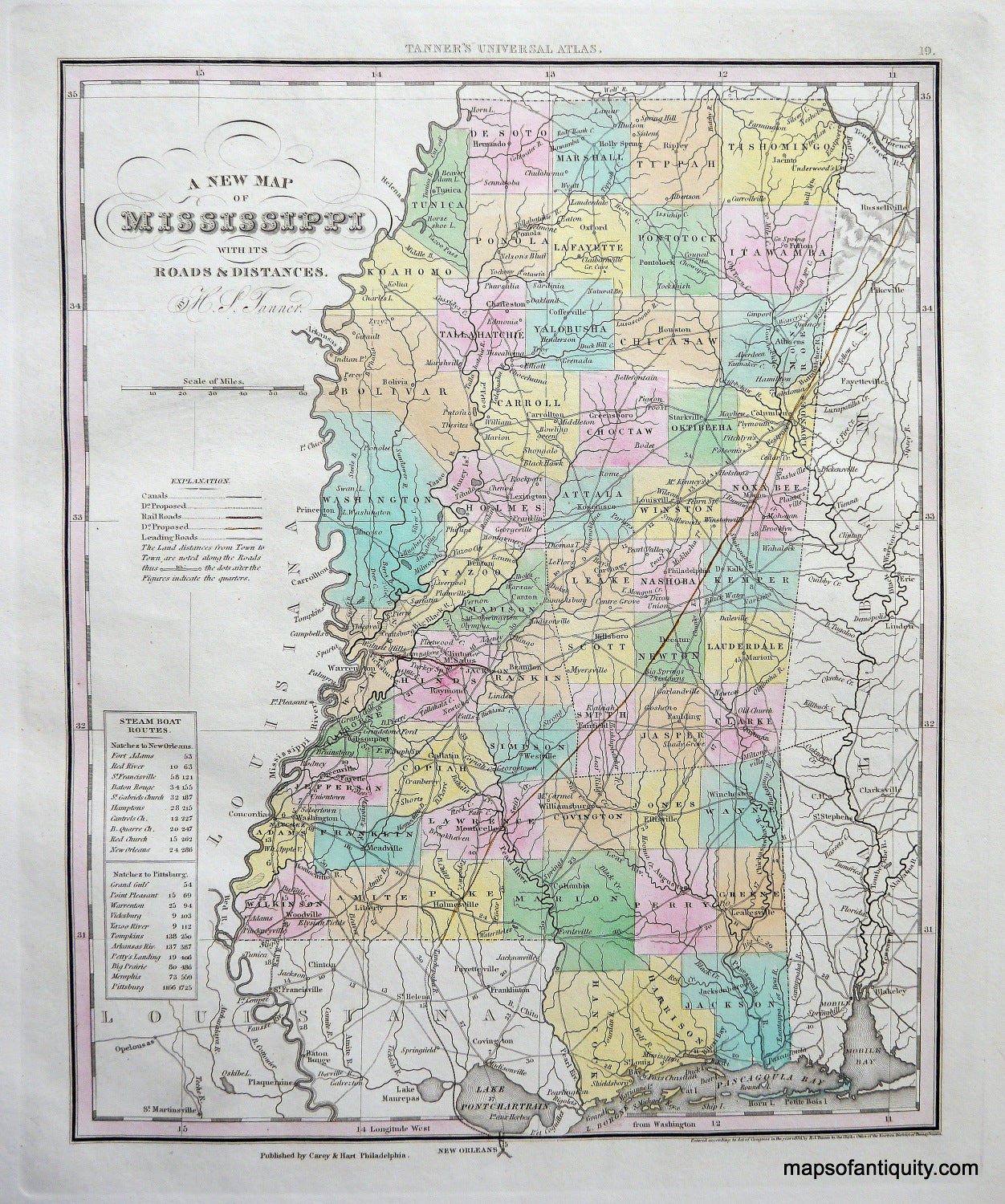 Antique-Hand-Colored-Engraved-Map-A-New-Map-of-Mississippi-with-its-Roads-and-Distances.-United-States-Mississippi-c.-1840-Tanner-Maps-Of-Antiquity