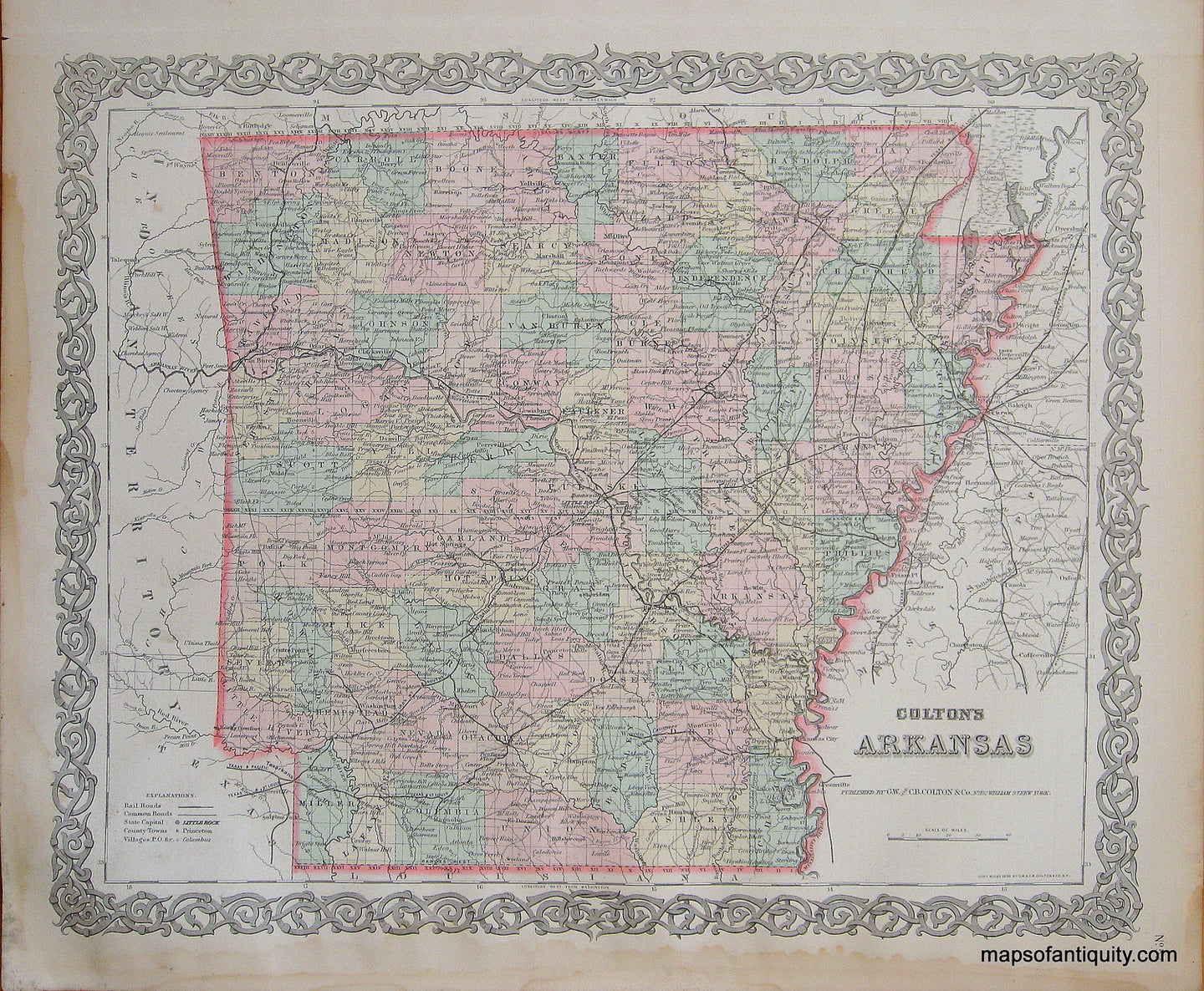 Antique-Hand-Colored-Map-Colton's-Arkansas-United-States-Arkansas-1887-Colton-Maps-Of-Antiquity