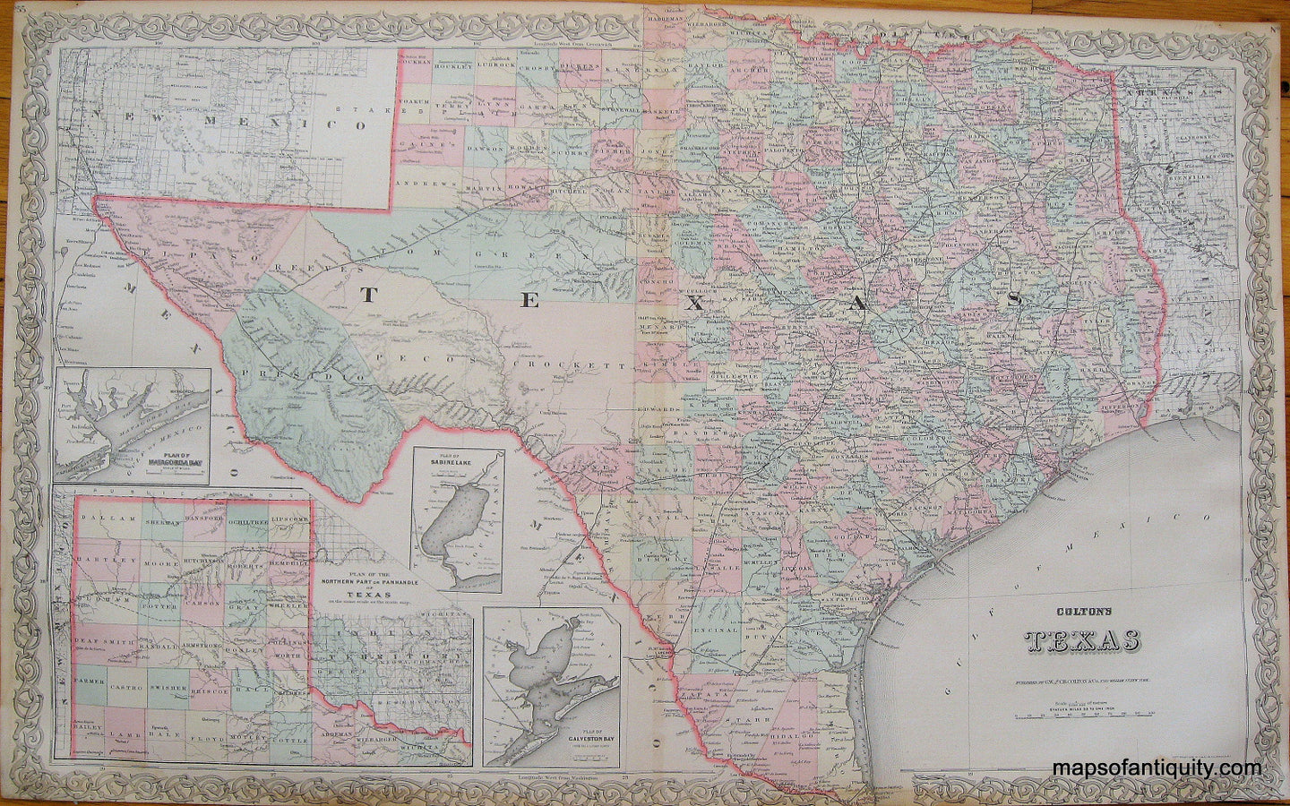 Antique-Hand-Colored-Map-Colton's-Texas--United-States-South-1887-Colton-Maps-Of-Antiquity