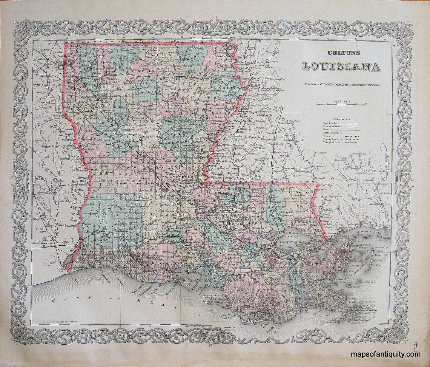 Antique-Hand-Colored-Map-Colton's-Louisiana-**********-United-States-Louisiana-1887-Colton-Maps-Of-Antiquity