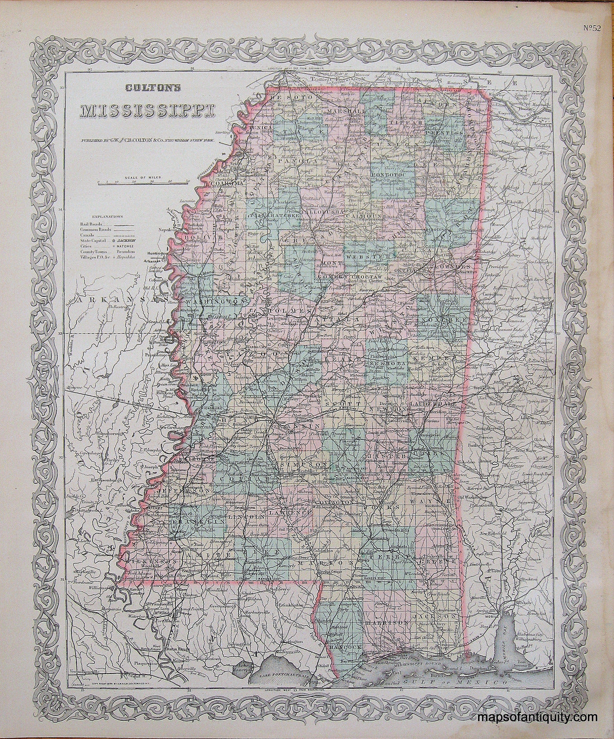 Antique-Hand-Colored-Map-Colton's-Mississippi-**********-United-States-Mississippi-1887-Colton-Maps-Of-Antiquity