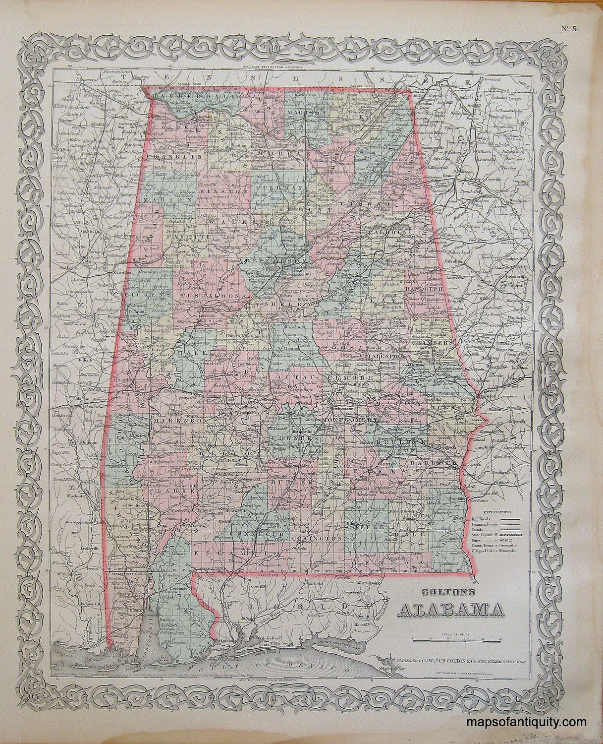 Antique-Hand-Colored-Map-Colton's-Alabama-********-United-States-Alabama-1887-Colton-Maps-Of-Antiquity