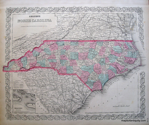 Antique-Hand-Colored-Map-Colton's-North-Carolina-**********-United-States-North-Carolina-1869-Colton-Maps-Of-Antiquity