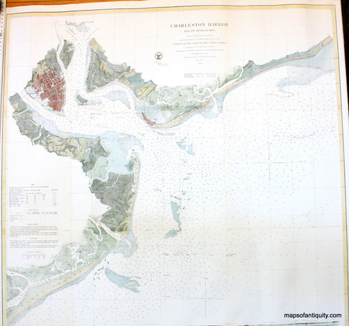 Antique-Hand-Colored-Coastal-Chart-Charleston-Harbor-and-Its-Approaches-**********-Nautical-South-1866-U.S.-Coast-Survey-Maps-Of-Antiquity