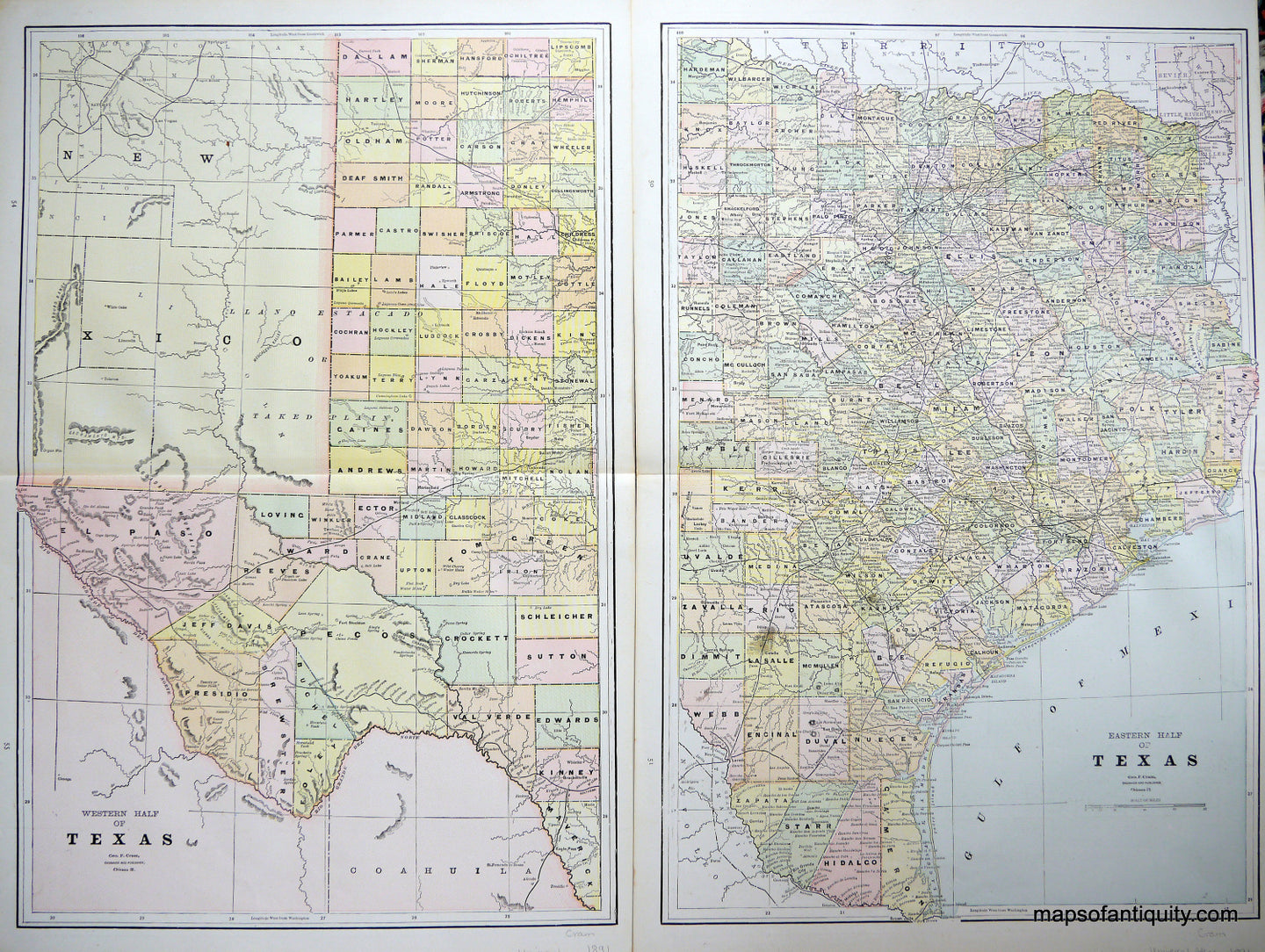 Printed-Color-Antique-Map-Texas--Texas--1891-Cram-Maps-Of-Antiquity