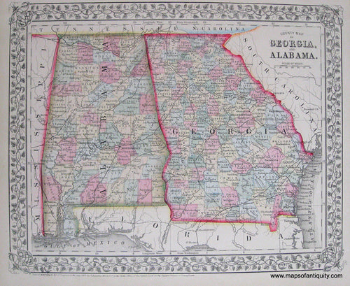 Antique-Hand-Colored-Map-County-Map-of-Georgia-and-Alabama-United-States-South-1867-Mitchell-Maps-Of-Antiquity
