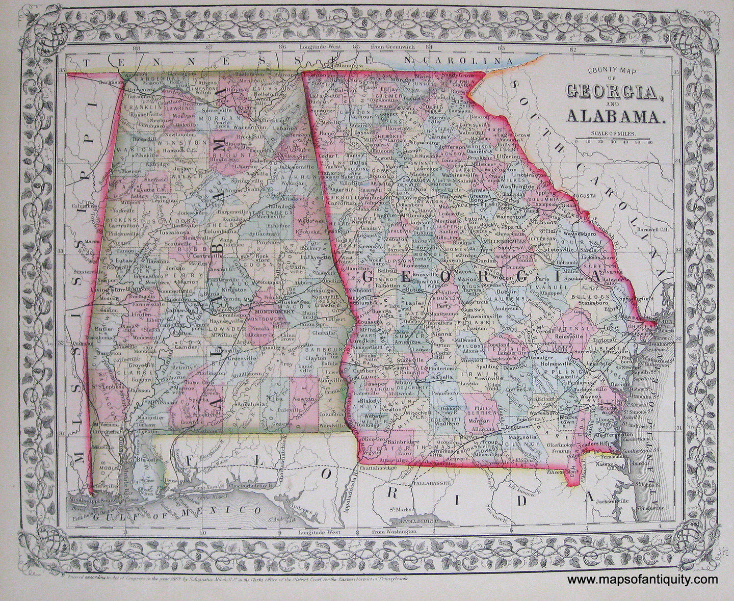 Antique-Hand-Colored-Map-County-Map-of-Georgia-and-Alabama-United-States-South-1867-Mitchell-Maps-Of-Antiquity