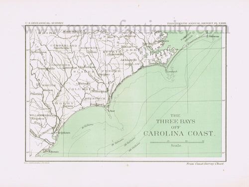 Antique-Printed-Color-Chart-The-Three-Bays-off-Carolina-Coast-******-United-States-South-1893-US-Geological-Survey-Maps-Of-Antiquity