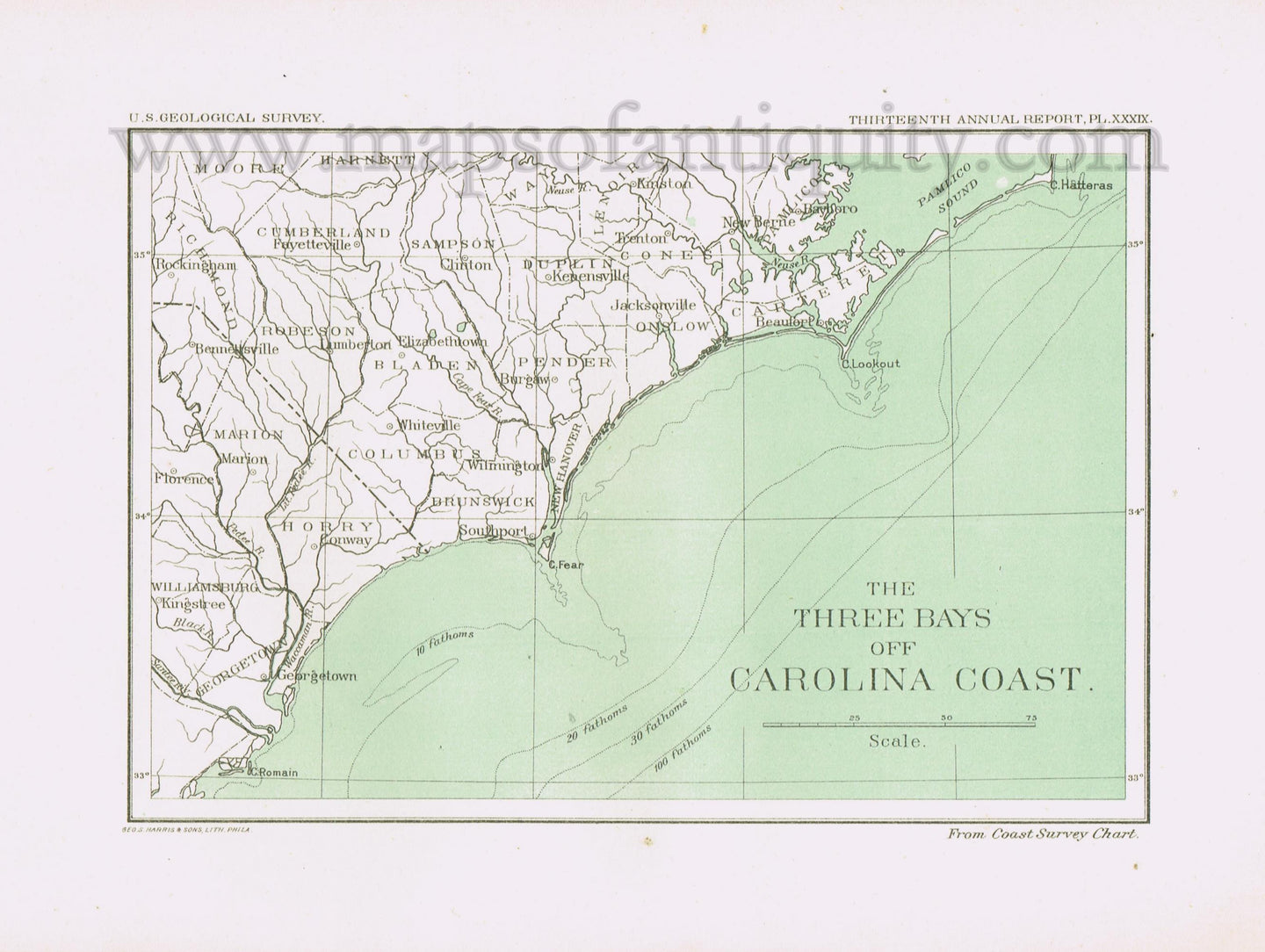 Antique-Printed-Color-Chart-The-Three-Bays-off-Carolina-Coast-******-United-States-South-1893-US-Geological-Survey-Maps-Of-Antiquity