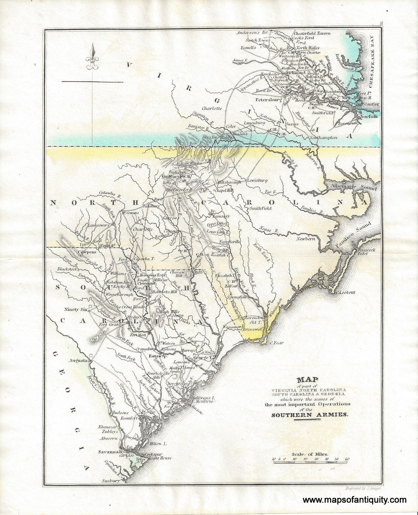 Antique-Hand-Colored-Map-Map of part of Virginia, North Carolina, South Carolina & Georgia. Which were the scenes of the Most Important Operations of the Southern Armies-1827-Marshall-Maps-Of-Antiquity-1800s-19th-century