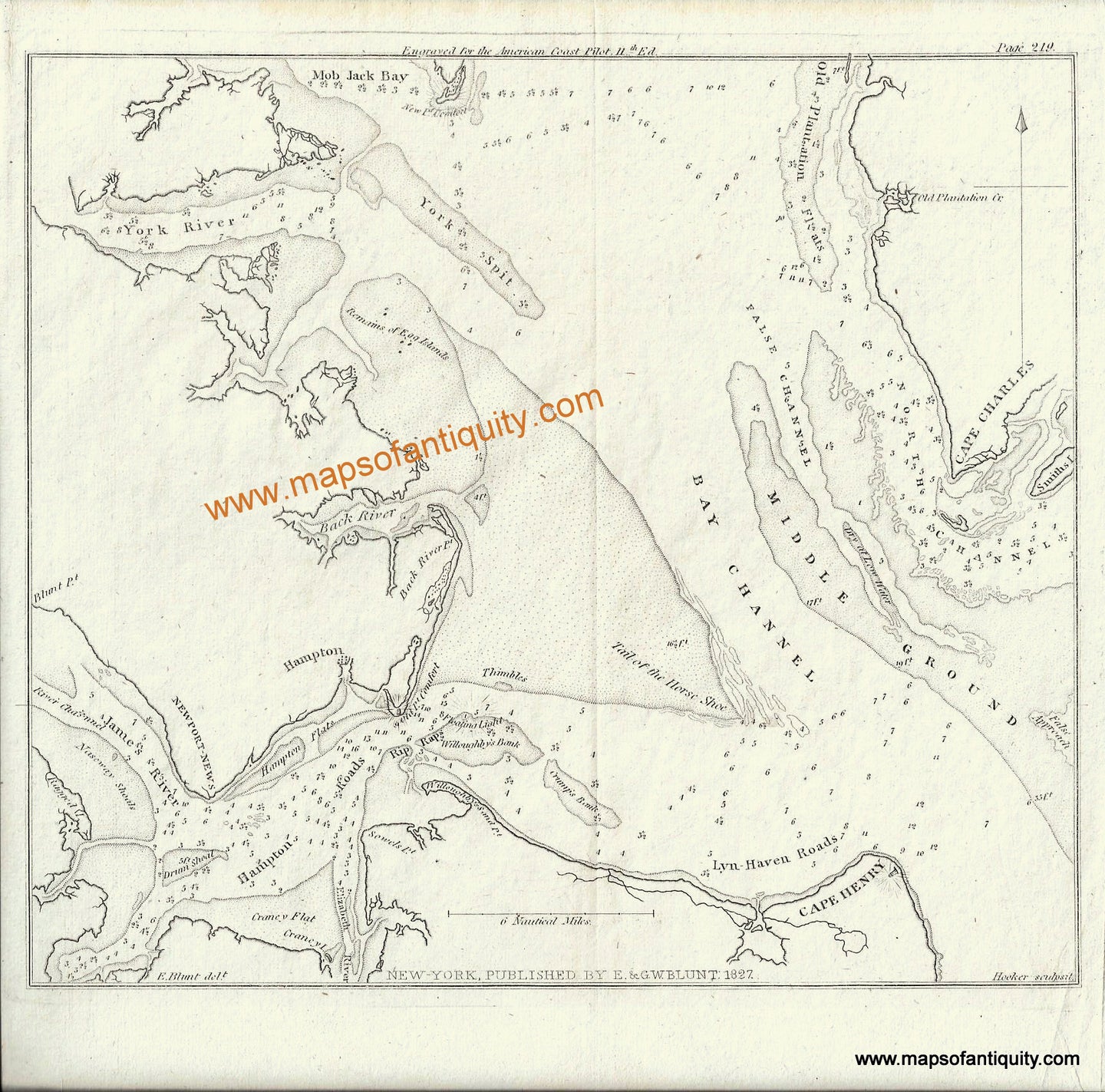 Antique-Black-and-White-Coast-Chart-Mouth-of-the-Chesapeake-River-Chart-**********-United-States-South-1827-Blunt-Maps-Of-Antiquity