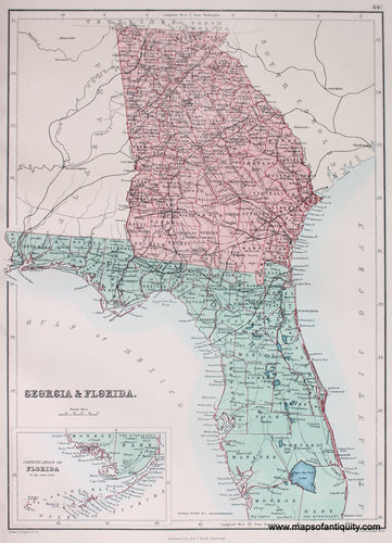 Antique-printed-color-Map-Georgia-&-Florida-United-States-South-1879-Black-Maps-Of-Antiquity
