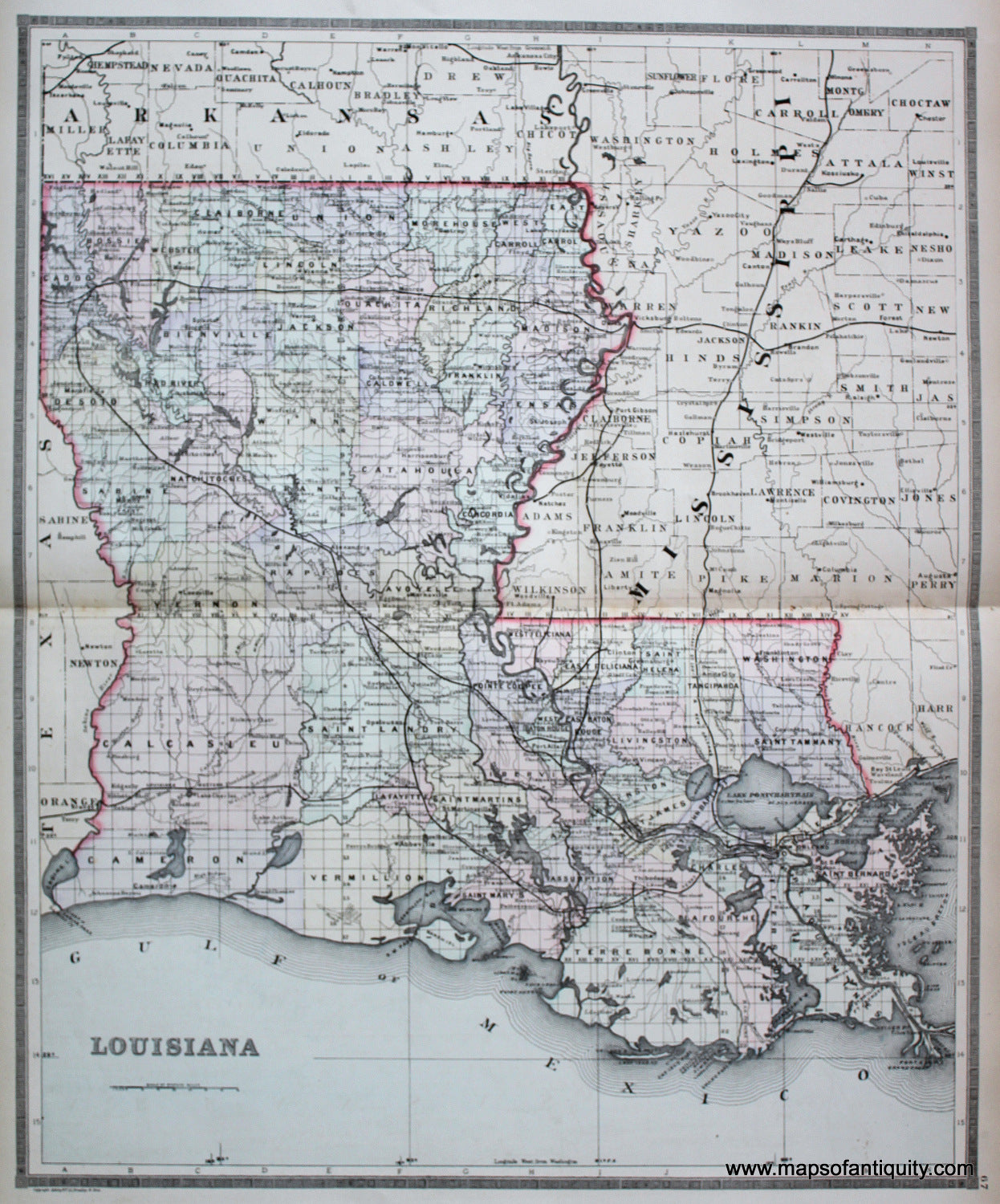 Antique-Hand-Colored-Map-Louisiana--United-States-South-1887-Bradley-Maps-Of-Antiquity
