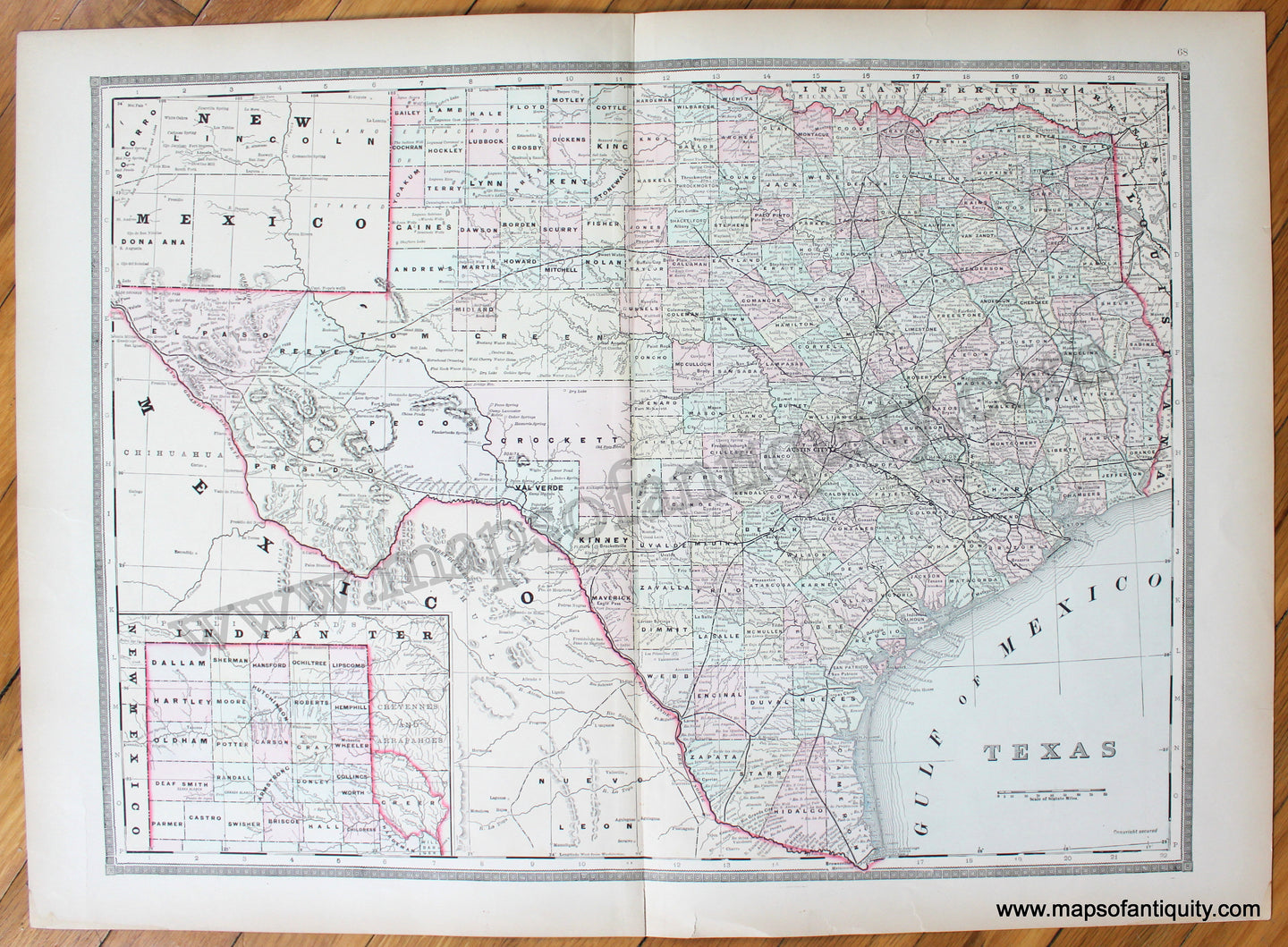 Antique-Hand-Colored-Map-Texas--United-States-South-1887-Bradley-Maps-Of-Antiquity