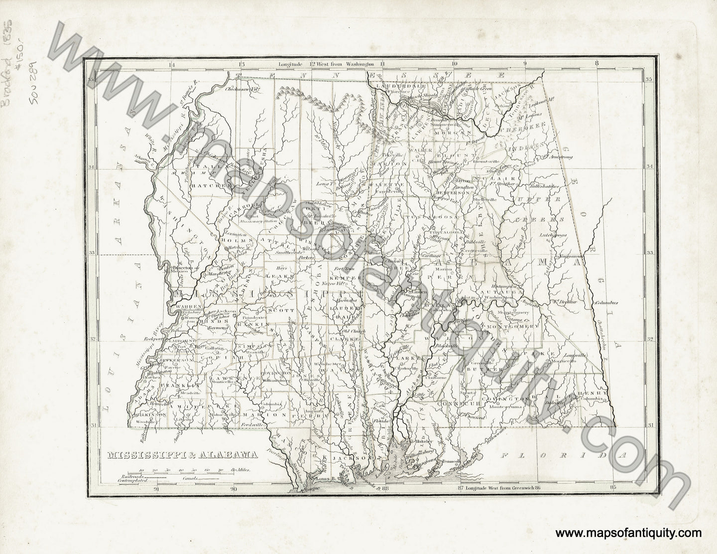 Antique-Hand-Colored-Map-Mississippi-&-Alabama-**********-United-States-South-1835-T.G.-Bradford-Maps-Of-Antiquity